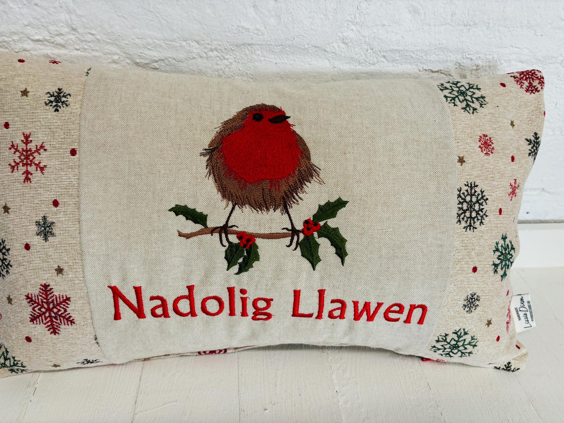 Christmas Robin ,fluffy Robin embroidered cushion Nadolig Llawen -Luxe Snowflake with Gold thread Tapestry