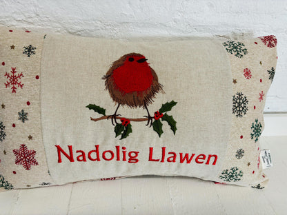 Christmas Robin ,fluffy Robin embroidered cushion Nadolig Llawen -Luxe Snowflake with Gold thread Tapestry
