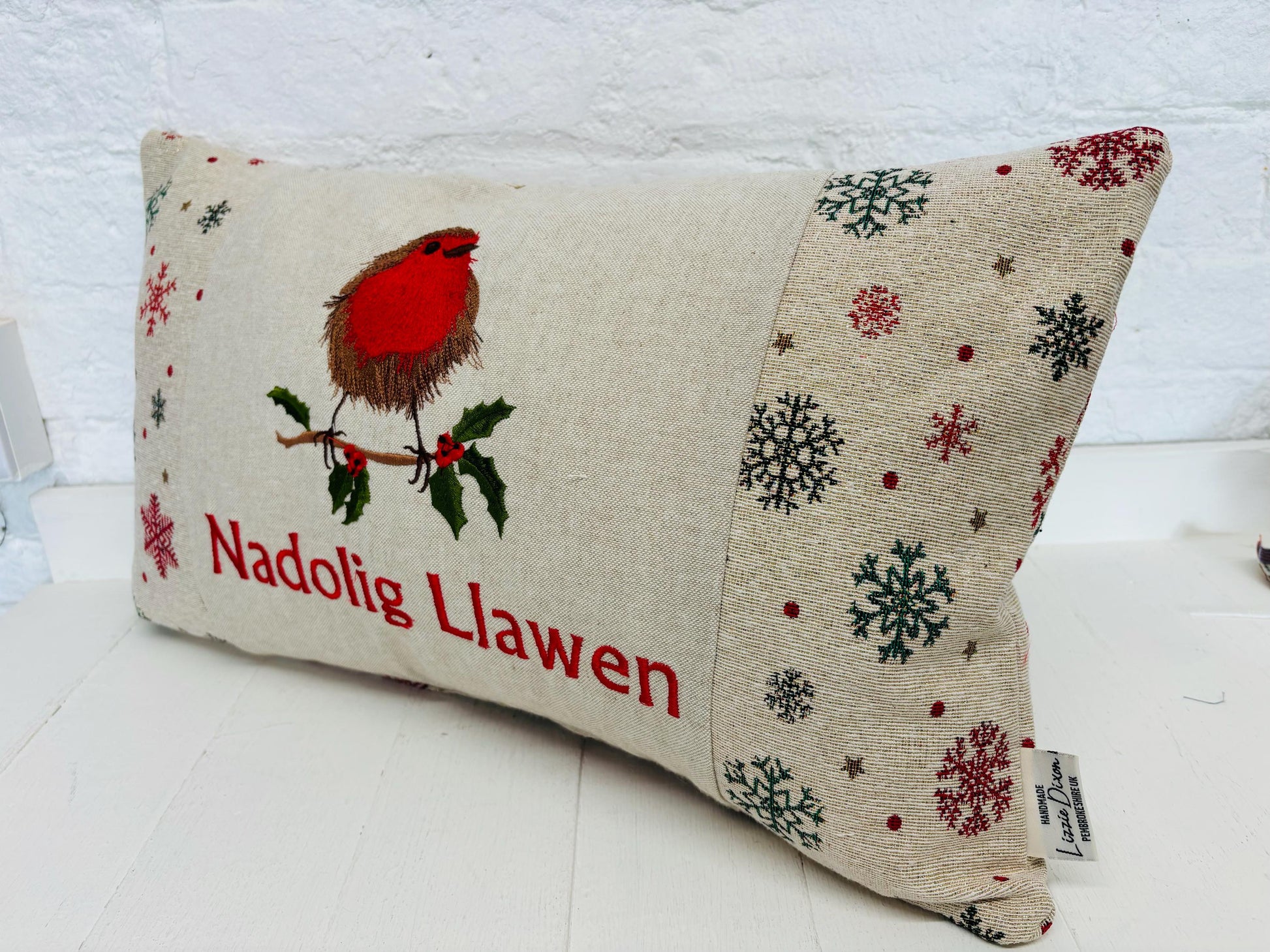 Christmas Robin ,fluffy Robin embroidered cushion Nadolig Llawen -Luxe Snowflake with Gold thread Tapestry
