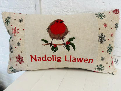 Christmas Robin ,fluffy Robin embroidered cushion Nadolig Llawen -Luxe Snowflake with Gold thread Tapestry