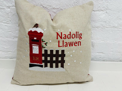 Christmas post box Cushion. Merry Christmas Letters to Santa Cushion snowy postbox and robin nostalgic Xmas scene handmade Christmas cushion