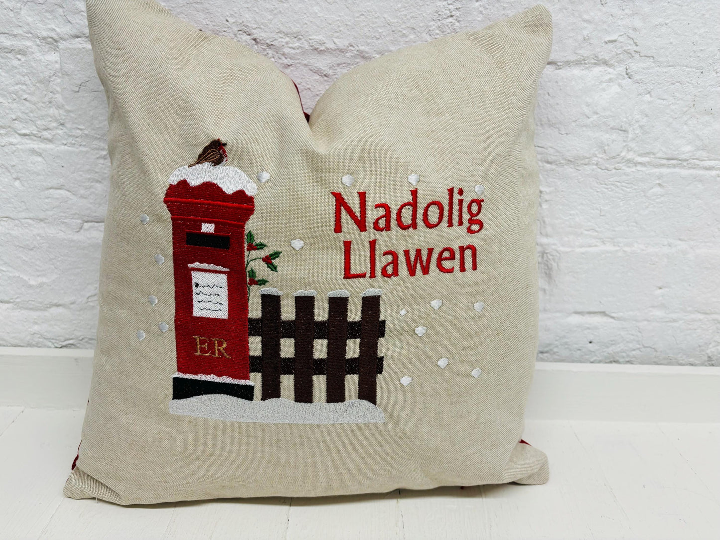 Christmas post box Cushion. Merry Christmas Letters to Santa Cushion snowy postbox and robin nostalgic Xmas scene handmade Christmas cushion