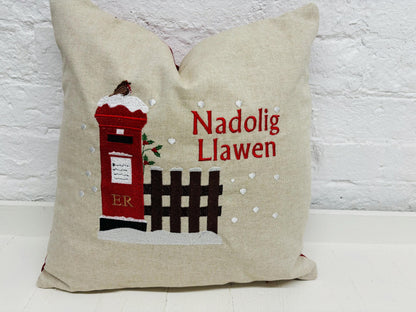 Christmas post box Cushion. Merry Christmas Letters to Santa Cushion snowy postbox and robin nostalgic Xmas scene handmade Christmas cushion