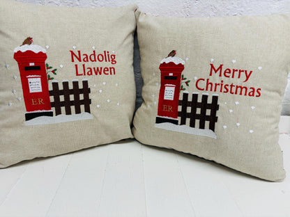 Christmas post box Cushion. Merry Christmas Letters to Santa Cushion snowy postbox and robin nostalgic Xmas scene handmade Christmas cushion