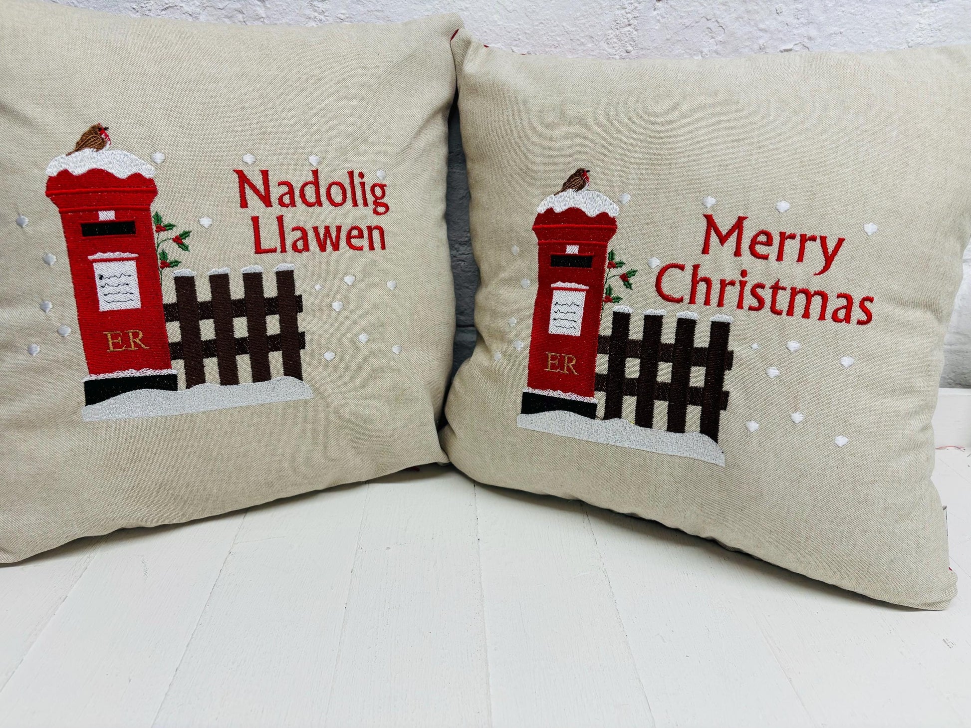 Christmas post box Cushion. Merry Christmas Letters to Santa Cushion snowy postbox and robin nostalgic Xmas scene handmade Christmas cushion