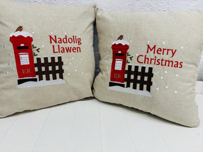 Christmas post box Cushion. Merry Christmas Letters to Santa Cushion snowy postbox and robin nostalgic Xmas scene handmade Christmas cushion