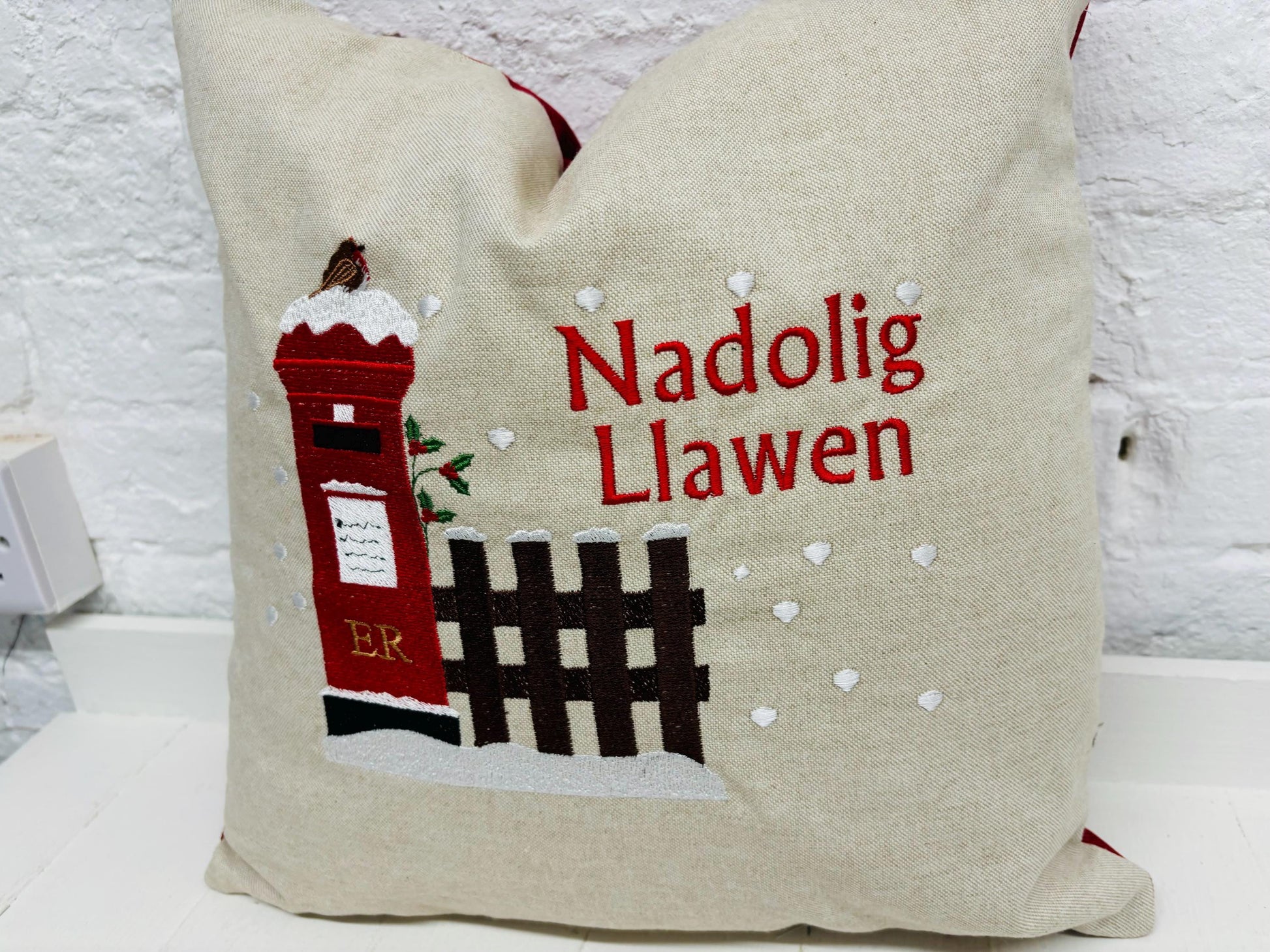 Christmas post box Cushion. Merry Christmas Letters to Santa Cushion snowy postbox and robin nostalgic Xmas scene handmade Christmas cushion