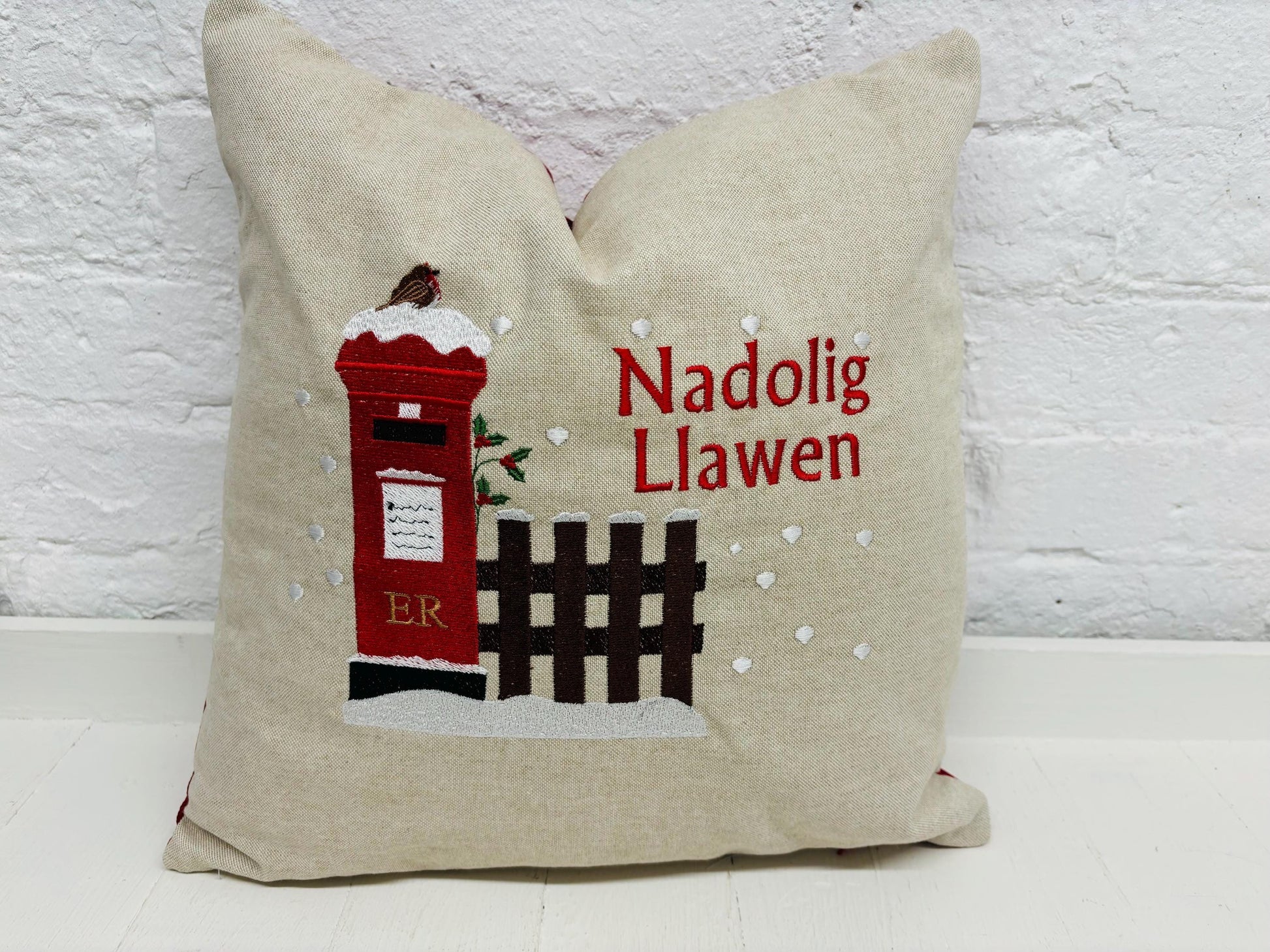 Christmas post box Cushion. Merry Christmas Letters to Santa Cushion snowy postbox and robin nostalgic Xmas scene handmade Christmas cushion