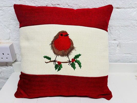 16" Robin Cushion . Cream and Red Cushion.