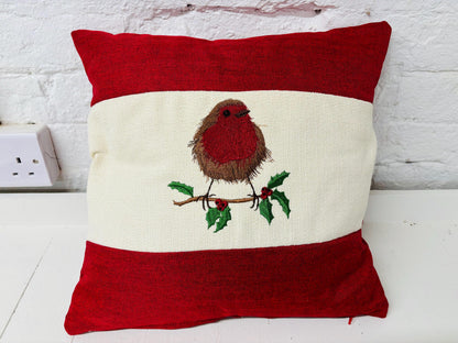 16" Robin Cushion . Cream and Red Cushion.