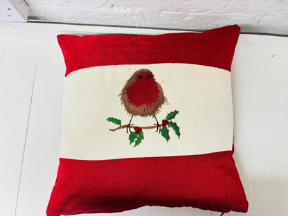 16" Robin Cushion . Cream and Red Cushion.
