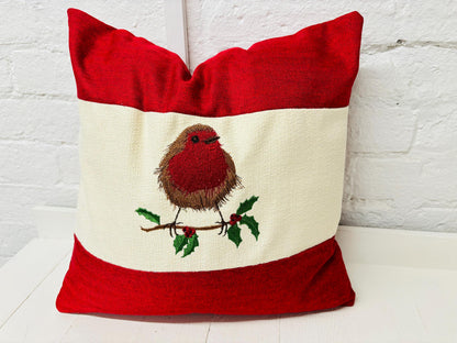 16" Robin Cushion . Cream and Red Cushion.