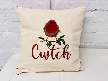 16" Robin Cushion . Cream and Red Cushion.