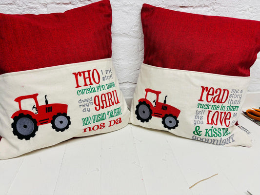 Book Cushion-Children's Reading Pillow~Personalised Cushion with Pocket-Red tractor reading Pillow~Book Lovers Gift~Travel Pillow-