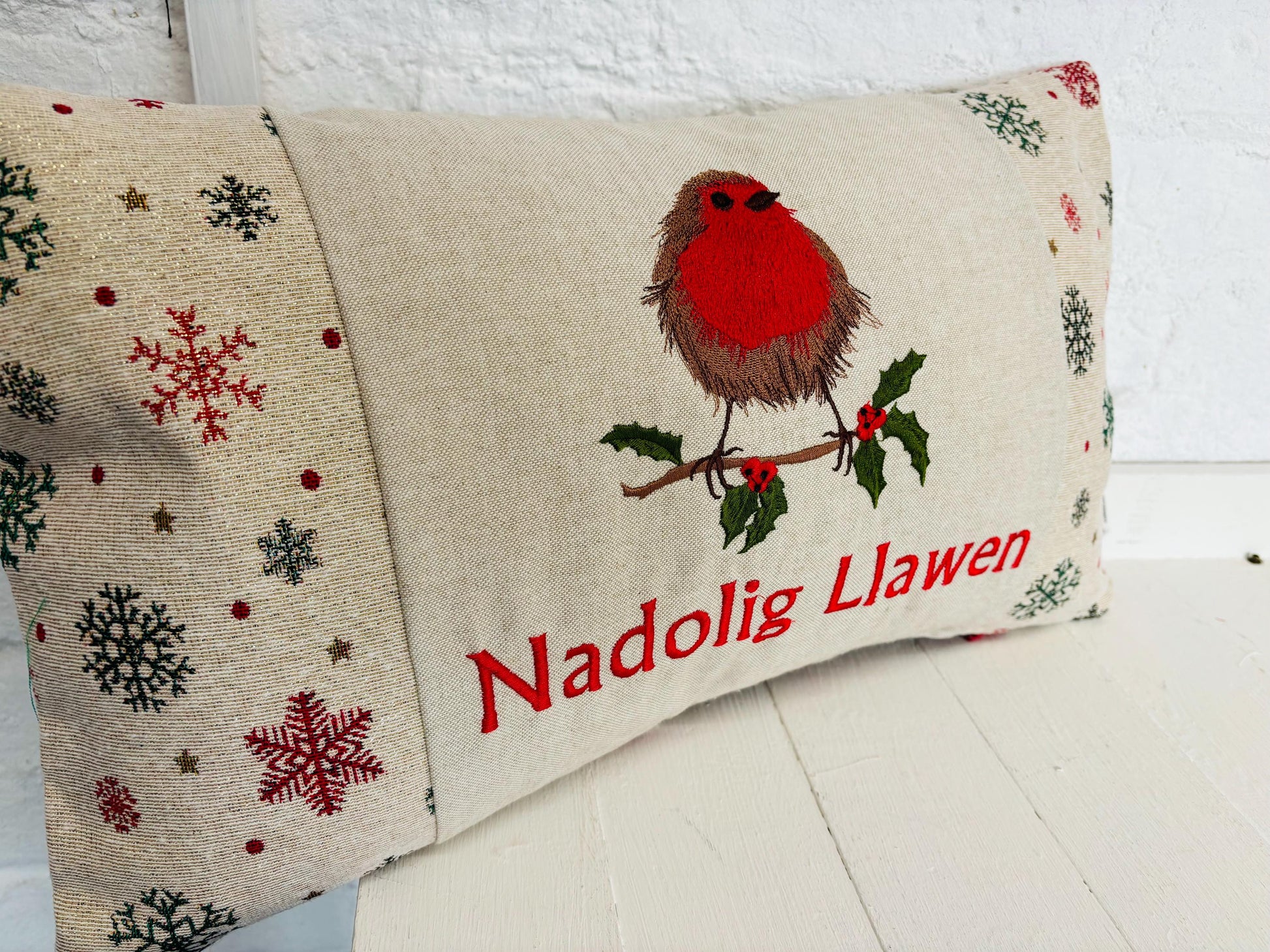 Christmas Robin ,fluffy Robin embroidered cushion Nadolig Llawen -Luxe Snowflake with Gold thread Tapestry
