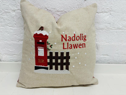 Christmas post box Cushion. Merry Christmas Letters to Santa Cushion snowy postbox and robin nostalgic Xmas scene handmade Christmas cushion