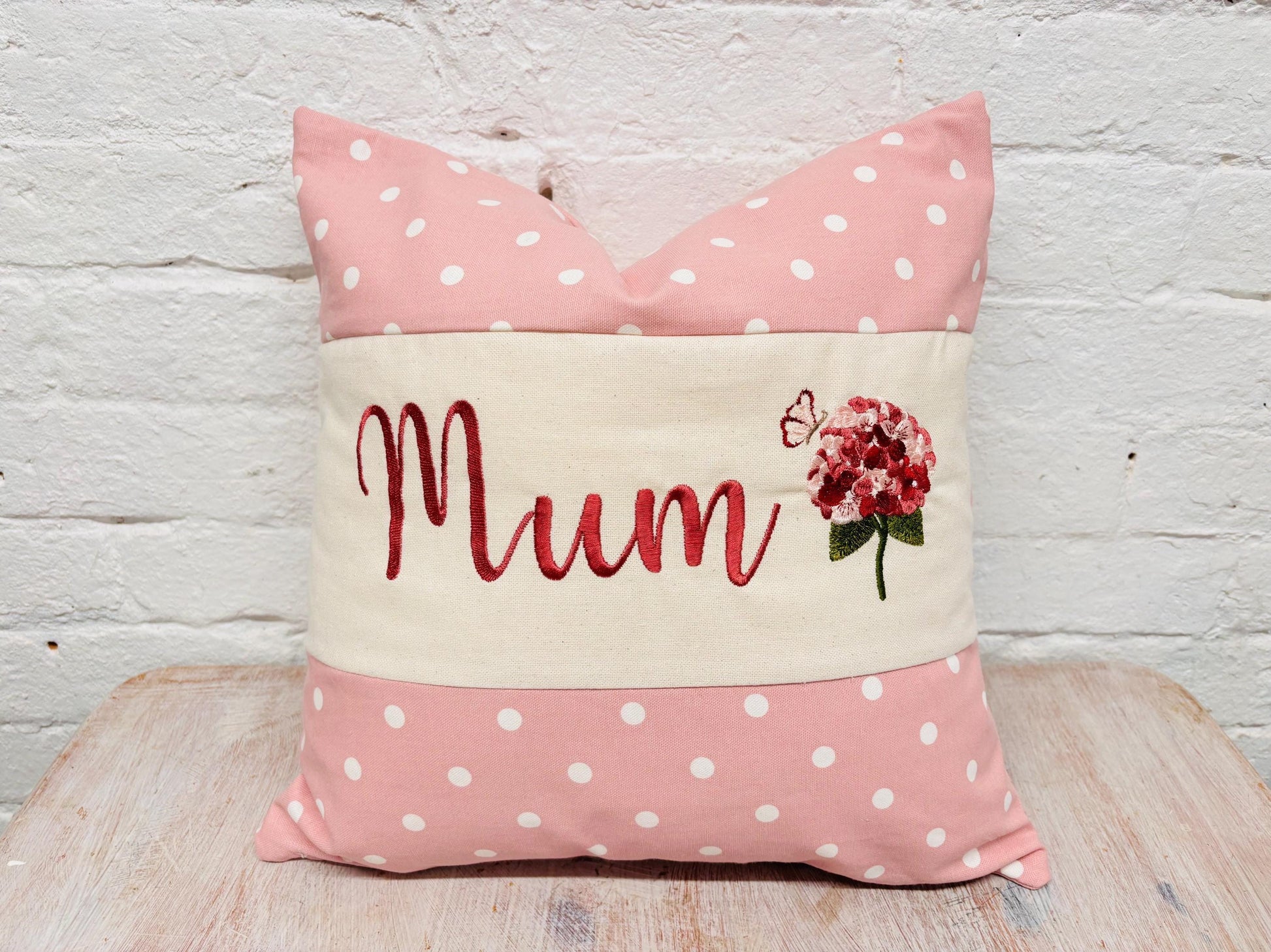 Pink Dotty with Hydrangae Mother's Day Cushion 16” Square cushion