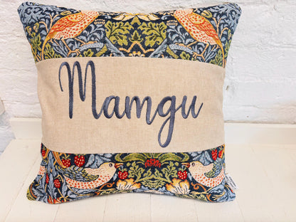 William Morris Strawberry Thief Tapestry Mother’s Gift, Personalised Cushion, Gift for Mum.