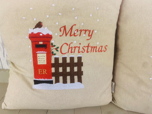 Christmas post box Cushion. Merry Christmas Letters to Santa Cushion snowy postbox and robin nostalgic Xmas scene handmade Christmas cushion
