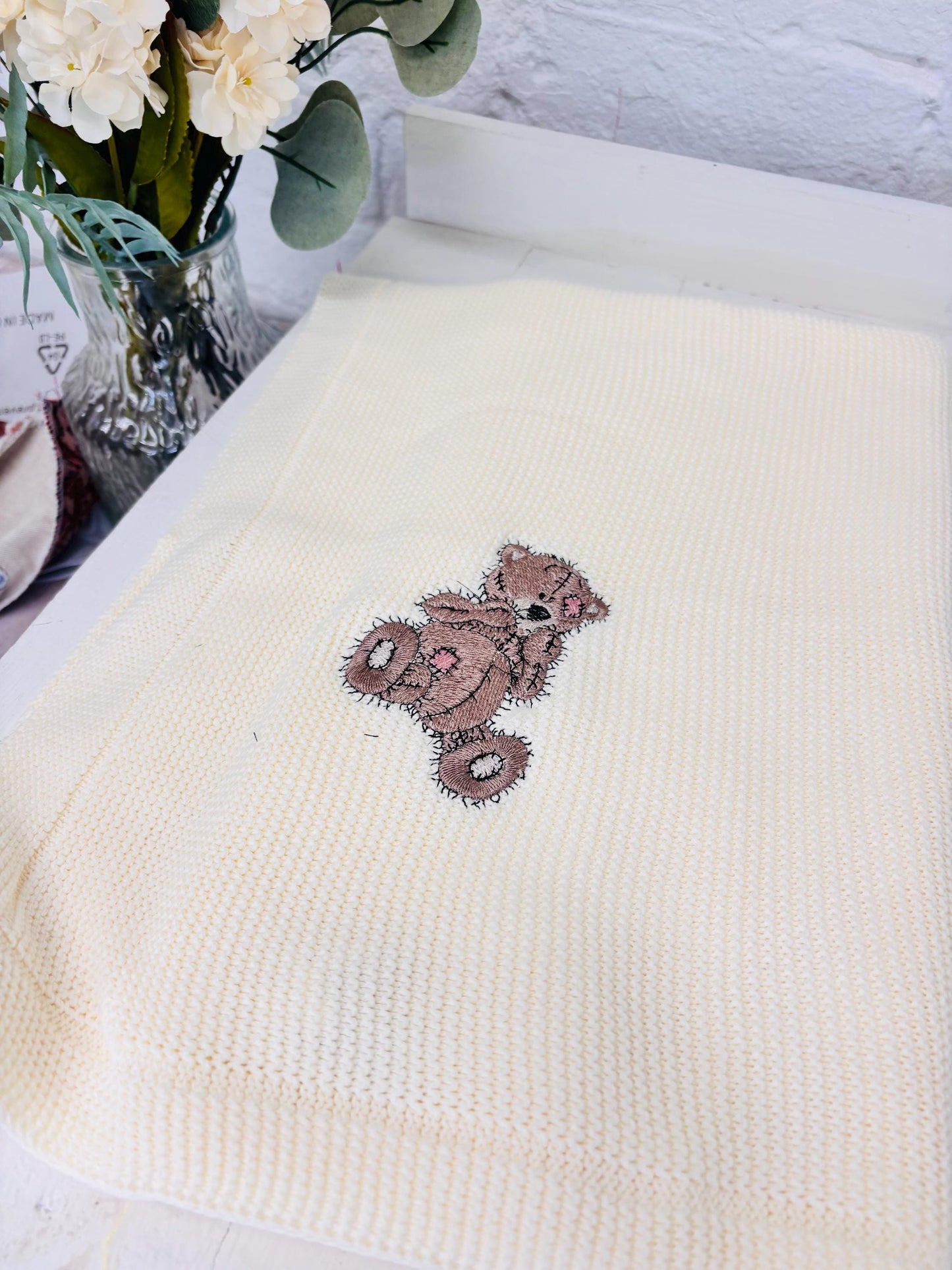 Soft Cream soft Knitted Baby blanket- with a cute Teddy embroidered with a name Personalised