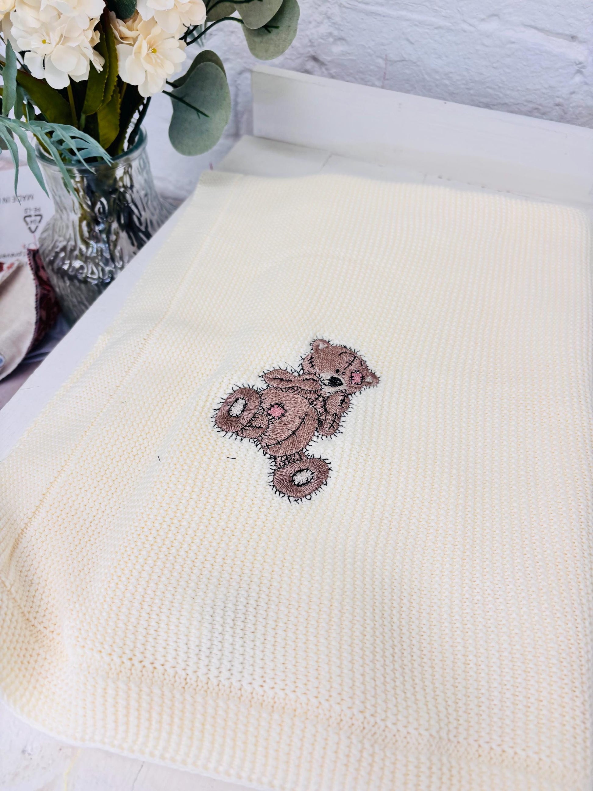 Soft Cream soft Knitted Baby blanket- with a cute Teddy embroidered with a name Personalised