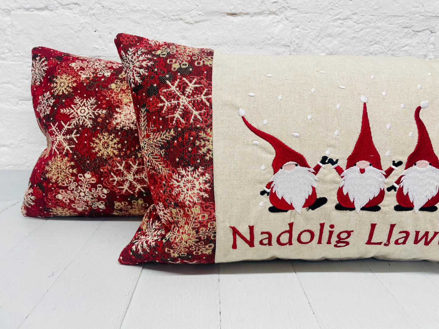 Nadolig Llawen Gnomes Cushion, Festive Cushion-Festive Gnomes- Christmas Gnomes- Grey Gnomes -Christmas decor