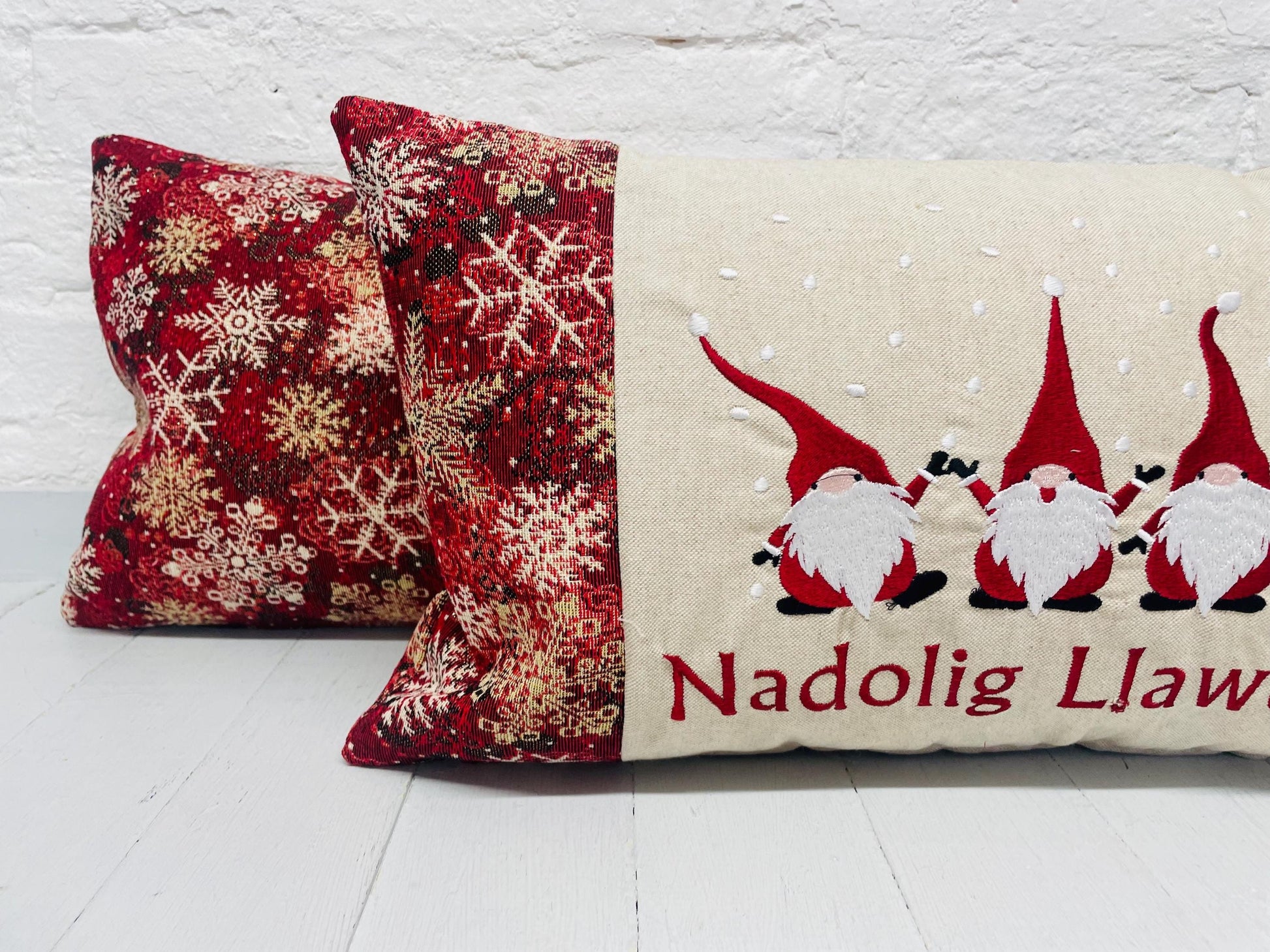 Nadolig Llawen Gnomes Cushion, Festive Cushion-Festive Gnomes- Christmas Gnomes- Grey Gnomes -Christmas decor