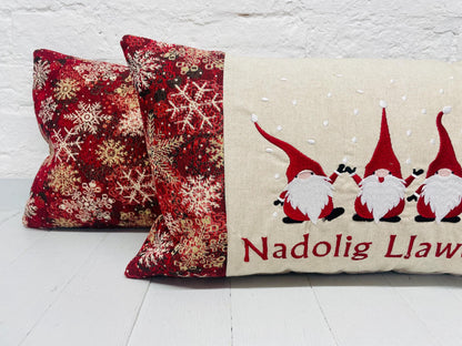 Nadolig Llawen Gnomes Cushion, Festive Cushion-Festive Gnomes- Christmas Gnomes- Grey Gnomes -Christmas decor