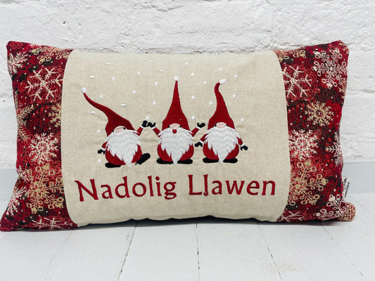 Nadolig Llawen Gnomes Cushion, Festive Cushion-Festive Gnomes- Christmas Gnomes- Grey Gnomes -Christmas decor