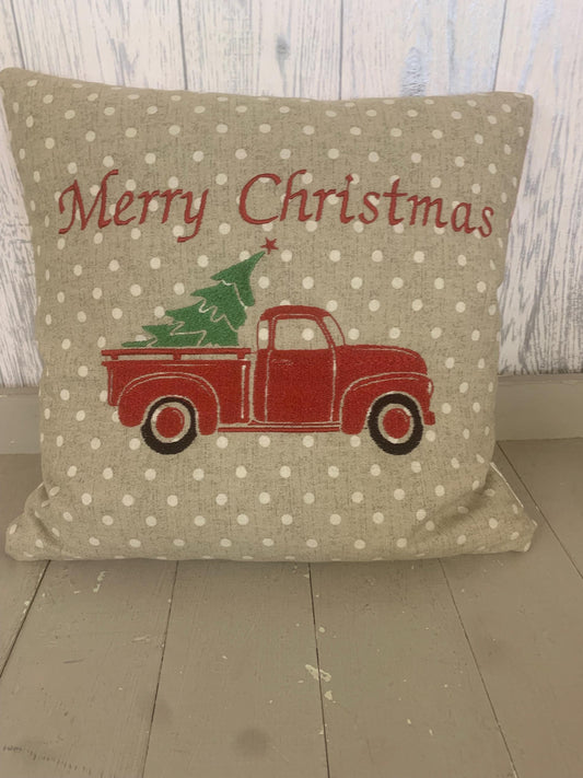 Festive truck with Christmas tree merry Christmas Cushion. Festive Cushion -Best way to spread Christmas cheer. Christmas Cushion.