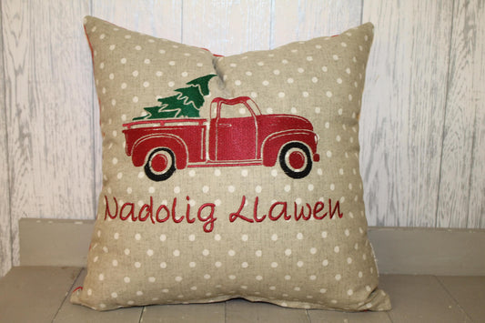 Festive truck with Christmas tree Nadolig Llawen Cushion. Festive Cushion -Best way to spread Christmas cheer. Christmas Cushion.
