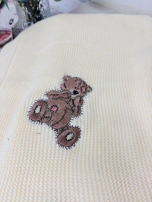 Soft Cream soft Knitted Baby blanket- with a cute Teddy embroidered with a name Personalised