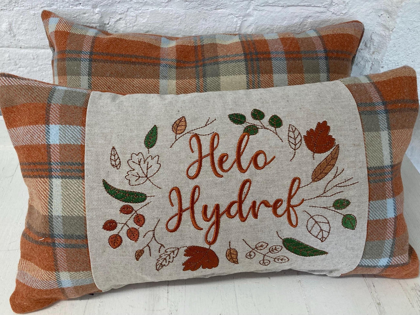 Orange Tartan Cushion with embroidered Helo Hydref (Hello Autumn in Welsh) panel adorned with embroidered leaves.