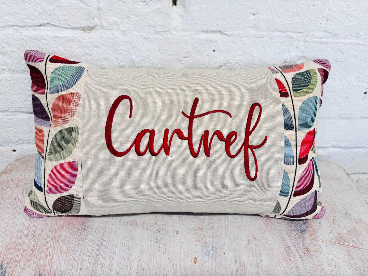 Cartref Welsh Cushion Cover, Embroidered , Welsh Gift, Tapestry Fabric Cushion, Handmade Welsh Decor, Lumbar style