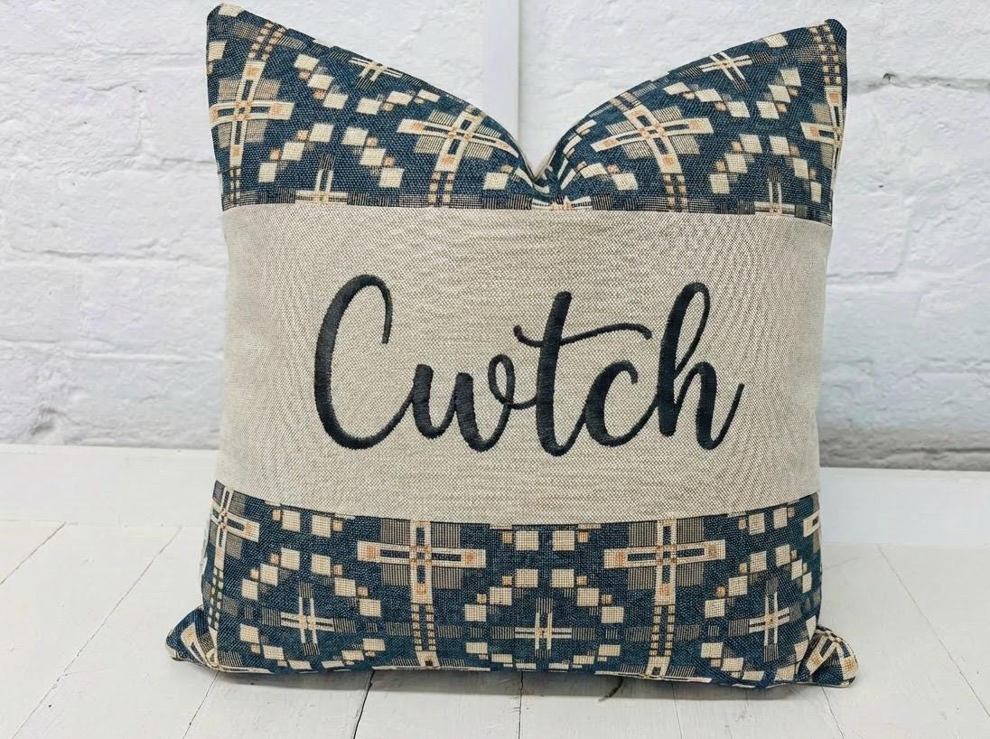 Vintage Cross Welsh Blanket Cwtch Cushion. Cwtch Cushion