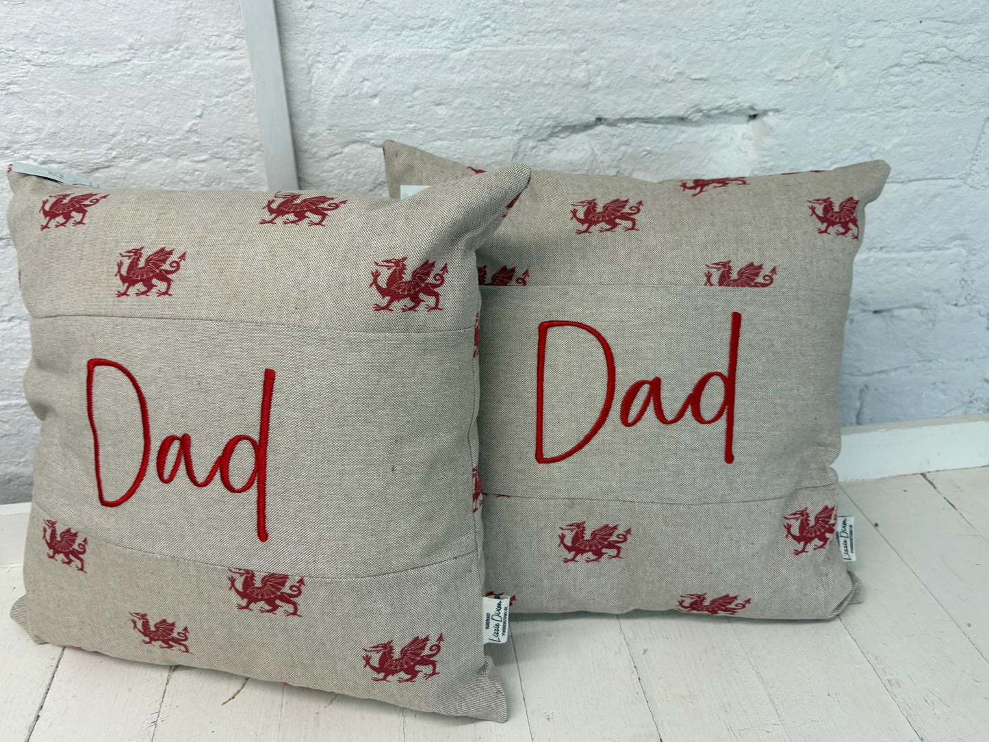 Dad Welsh Dragon Cushionlovely cushion with Welsh dragon fabric and the word Dad embroidered on a central panel. Father’s Day gift