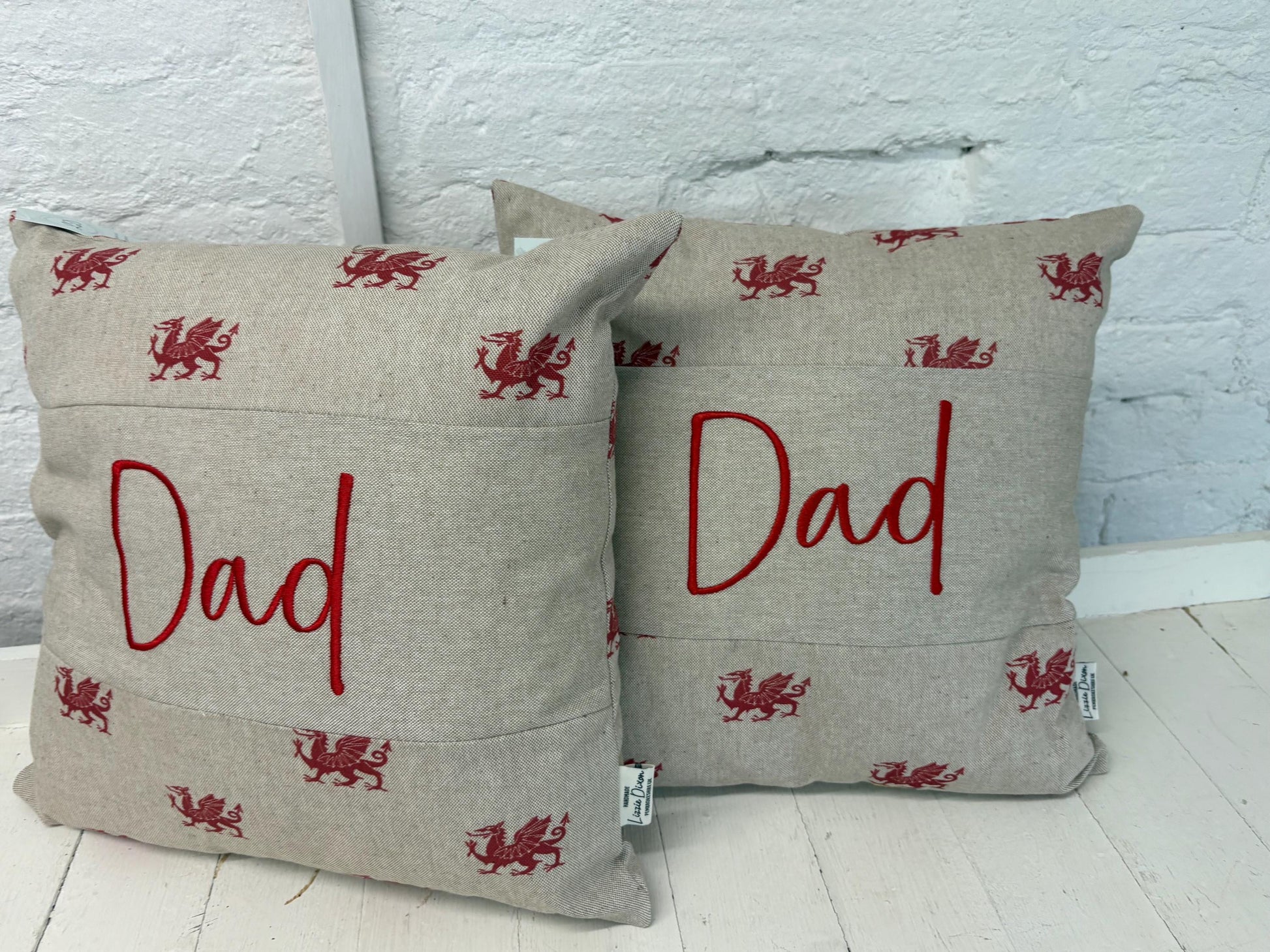 Dad Welsh Dragon Cushionlovely cushion with Welsh dragon fabric and the word Dad embroidered on a central panel. Father’s Day gift