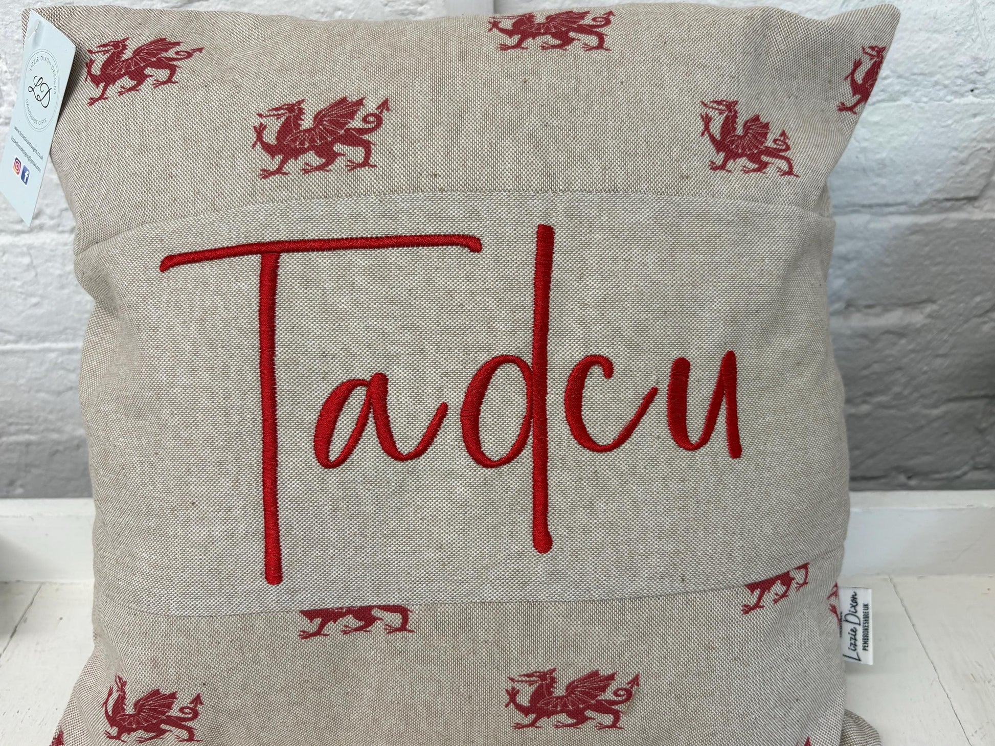 Tadcu Welsh Dragon Cushionlovely cushion with Welsh dragon fabric and the word Tadcu embroidered on a central panel. Father’s Day gift