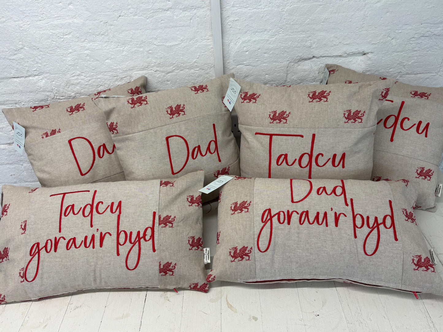 Tadcu Welsh Dragon Cushionlovely cushion with Welsh dragon fabric and the word Tadcu embroidered on a central panel. Father’s Day gift