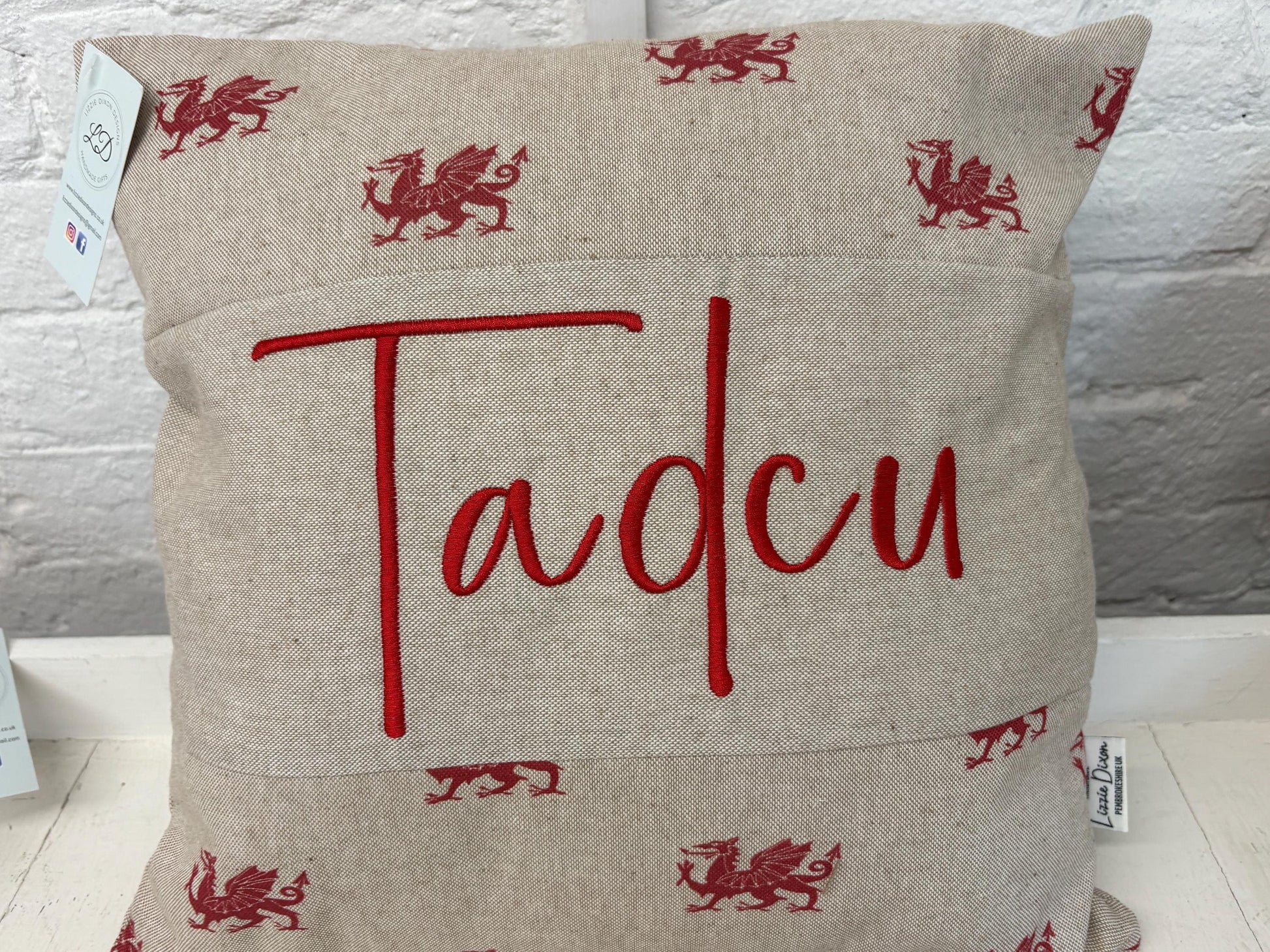 Tadcu Welsh Dragon Cushionlovely cushion with Welsh dragon fabric and the word Tadcu embroidered on a central panel. Father’s Day gift