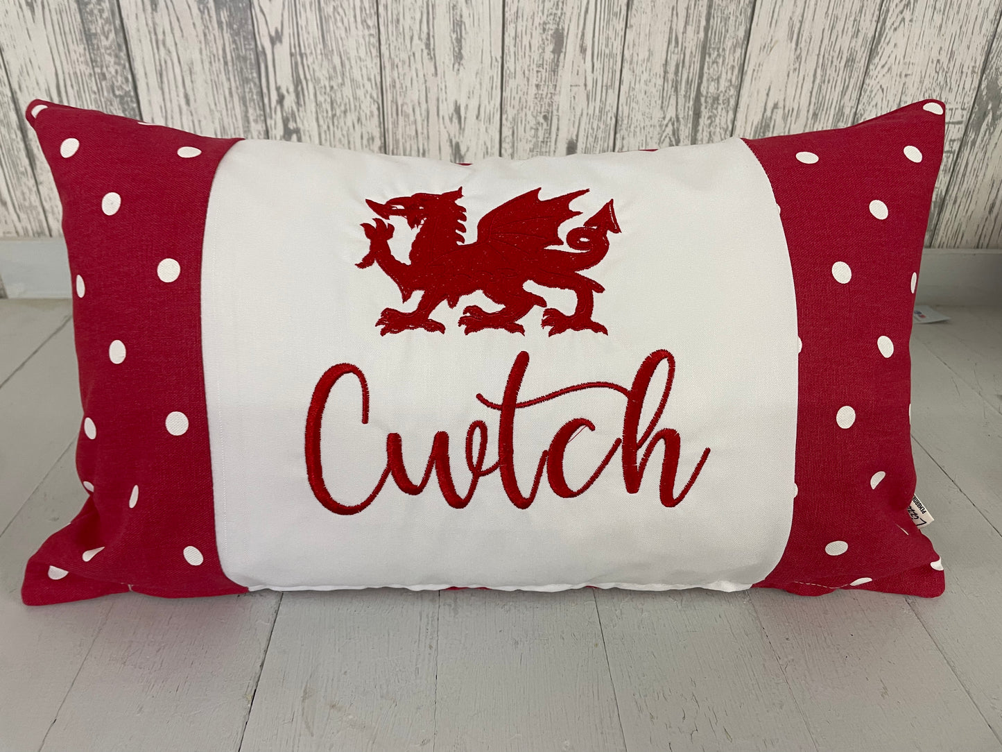 Red Dotty welsh dragon Cwtch-Welsh dragon cwtch panel long cushion