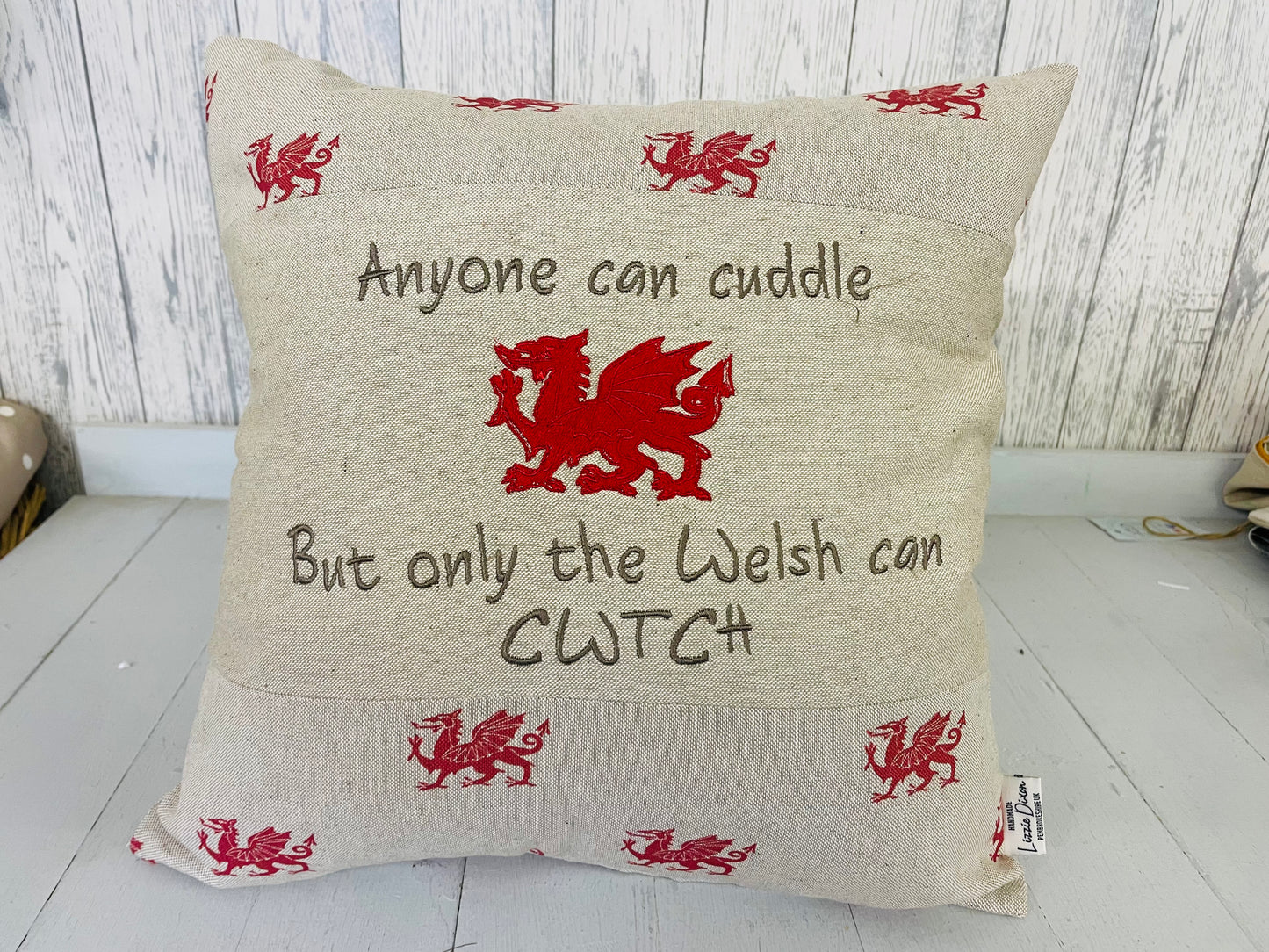 16” Anyone can cuddle but only the Welsh can Cwtch- Welsh Dragon Square Panel Cushion
