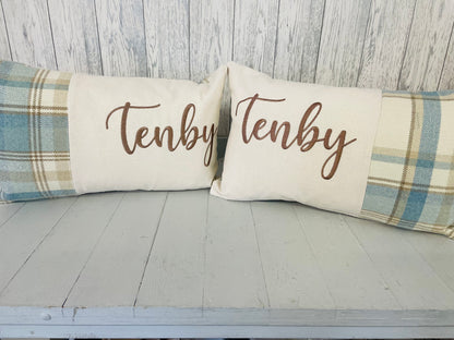 Personalised Welsh Wool Touch Location Cushion- long cushion in a choice of 4 colours