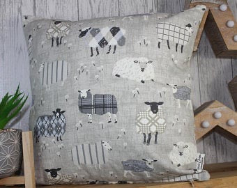 Sheep Wearing Jumpers Cushion- Grey and Taupe- 16" Square Cushion - Lizzie Dixon Designs
