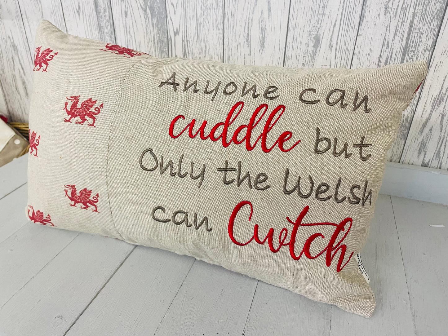 Anyone can Cuddle but only the Welsh can Cwtch-Welsh dragon panel long cushion