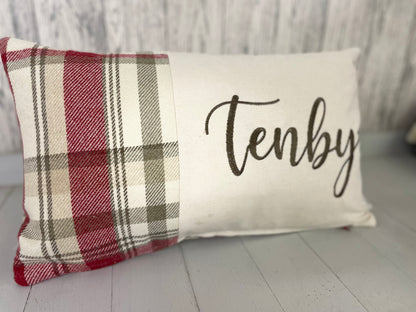 Personalised Welsh Wool Touch Location Cushion- long cushion in a choice of 4 colours