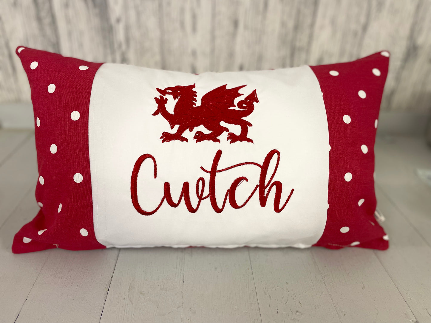 Red Dotty welsh dragon Cwtch-Welsh dragon cwtch panel long cushion