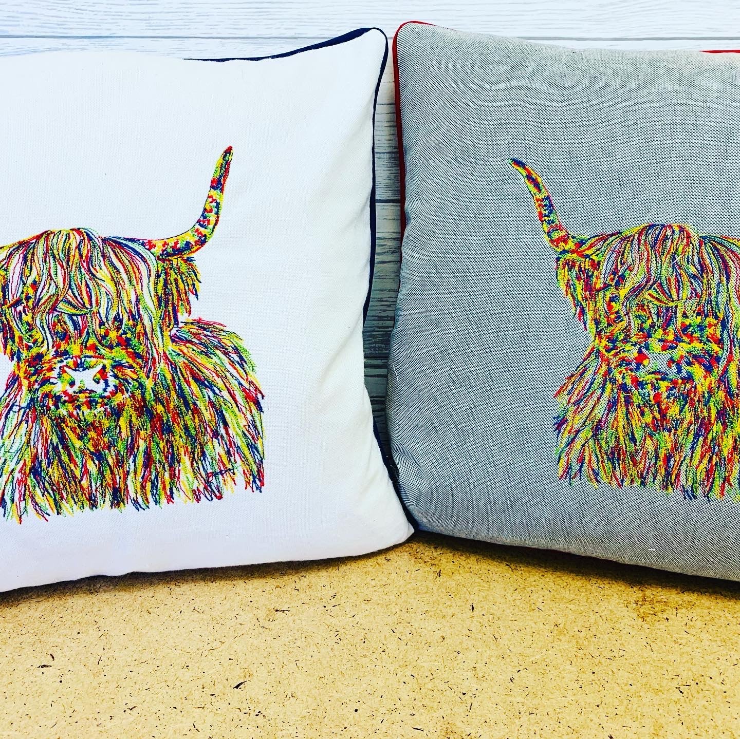 Multi Coloured Highland Cow Cushion, Cream/Taupe Piped Embroidered Cushion - Lizzie Dixon Designs