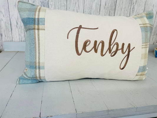 Personalised Welsh Wool Touch Location Cushion- long cushion in a choice of 4 colours