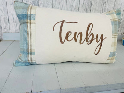 Personalised Welsh Wool Touch Location Cushion- long cushion in a choice of 4 colours